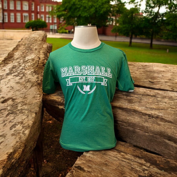 the marshall prep tee on some rocks on a campus