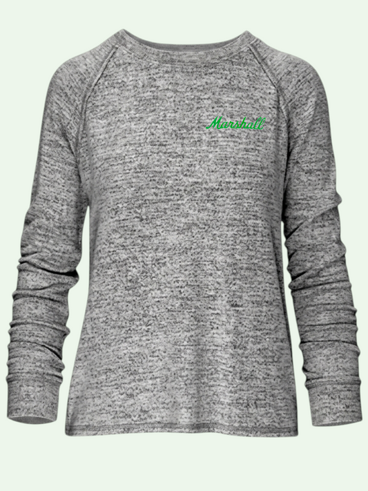 A women's heather gray long-sleeve raglan top with a green cursive 'Marshall' logo on the left chest, displayed on a light mint green background.