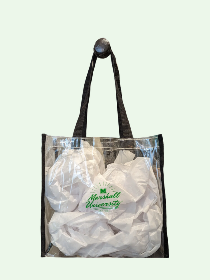 a clear tote bag with marshall University surrounded by a starburst design