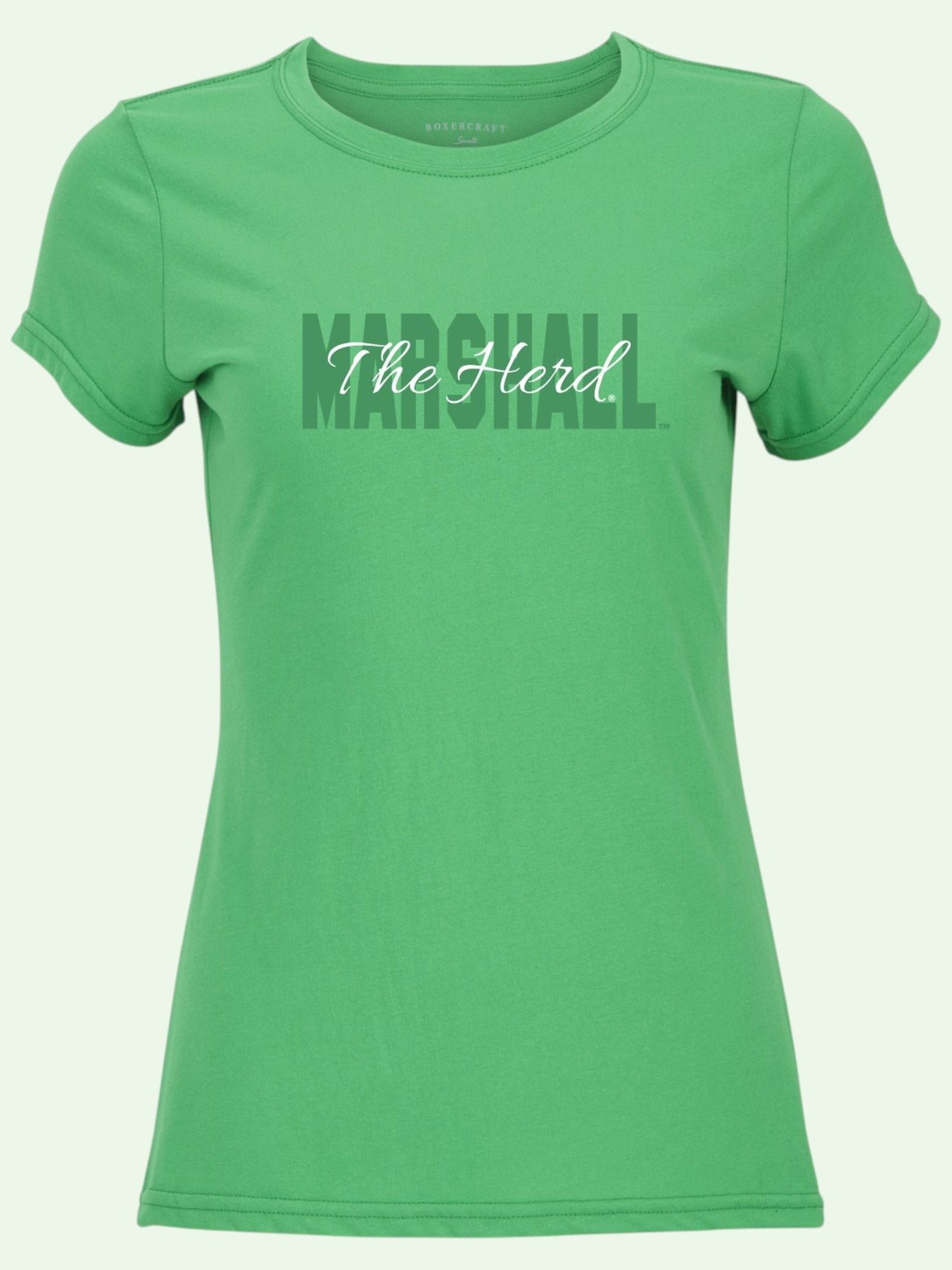 A green short-sleeve crewneck t-shirt featuring 'MARCHALL' in a dark green block font with 'The Herd' in white script overlaid across the chest.