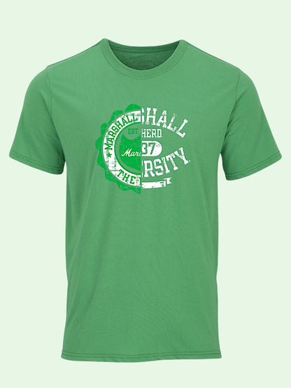 A green short-sleeve crewneck t-shirt featuring a distressed white and green circular graphic on the chest that is a combination of two marshall logos