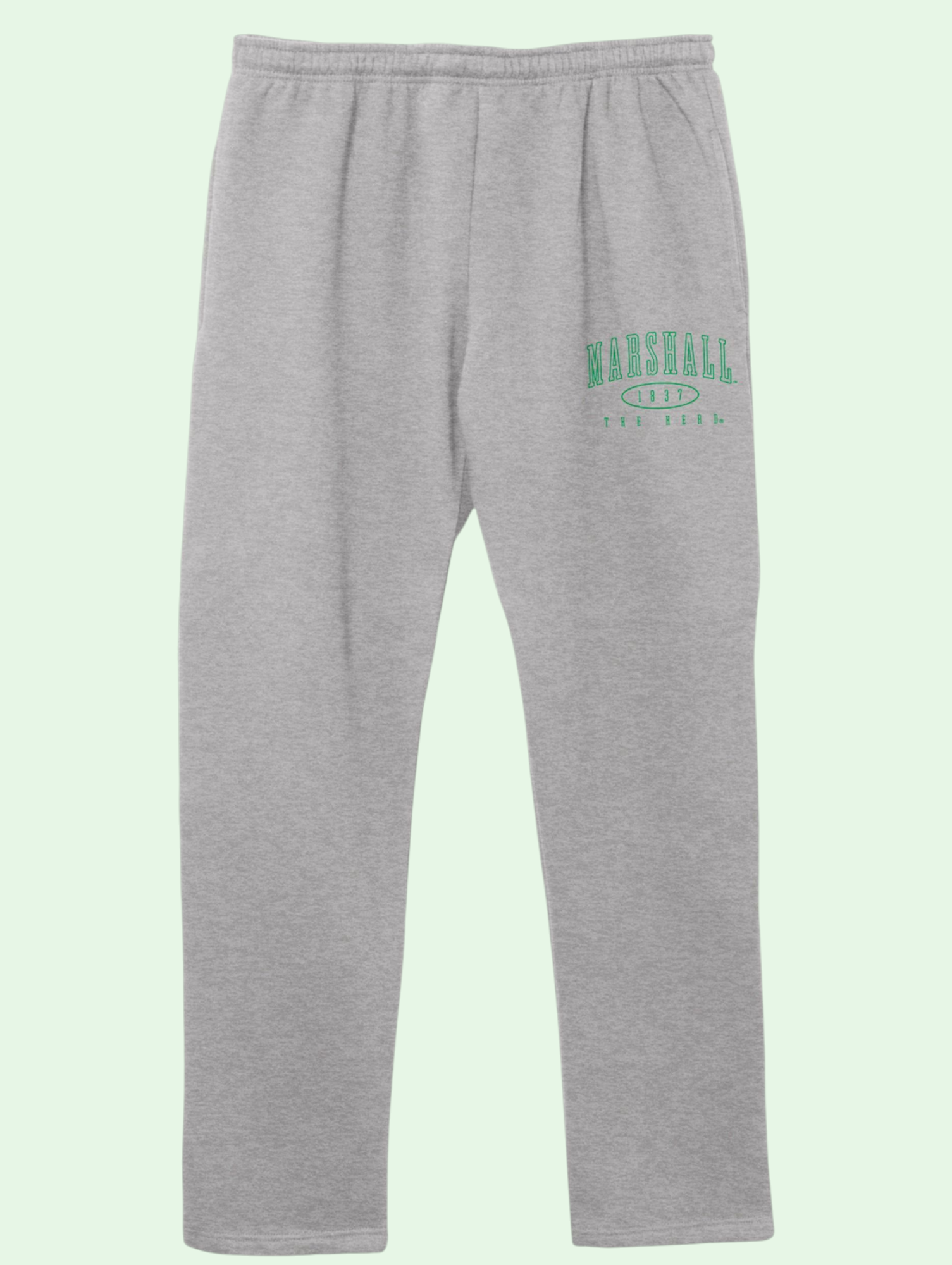 Gray sweatpants with green text on a light gray background