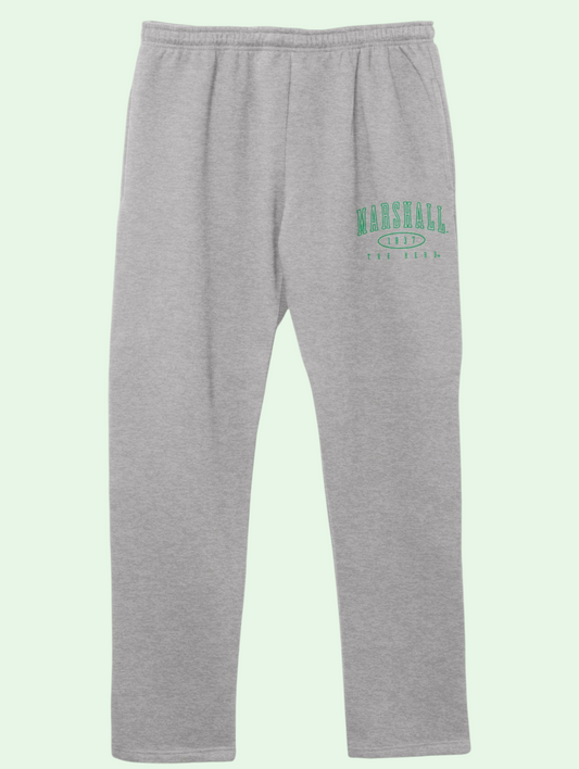 Gray sweatpants with green text on a light gray background