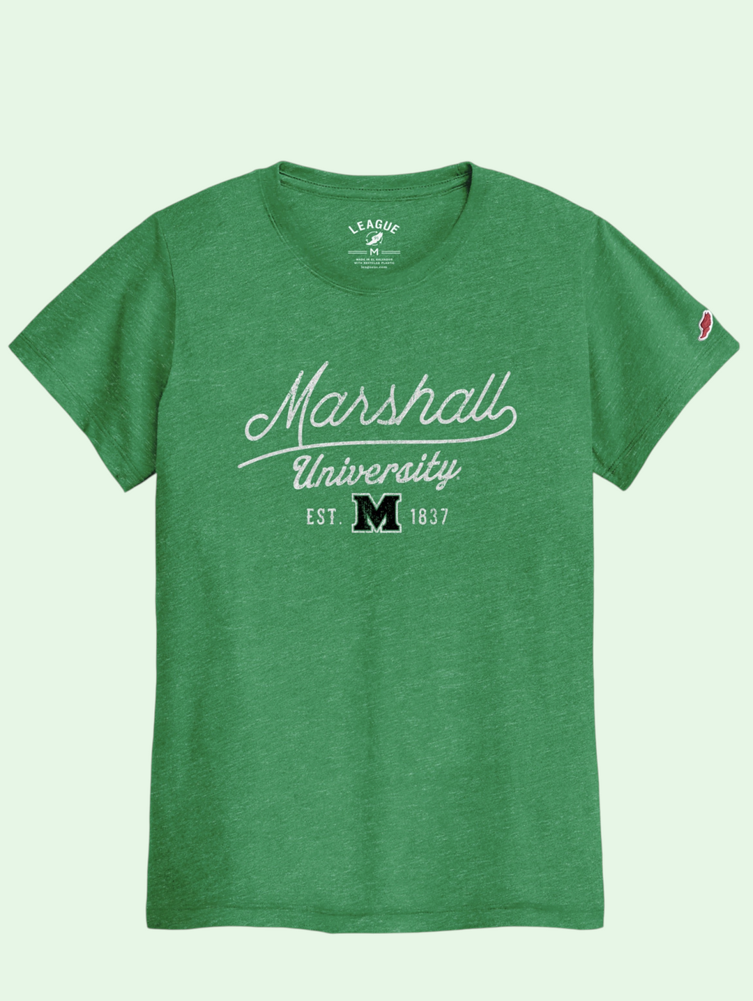 Green t-shirt with 'Marshall University' text on a white background