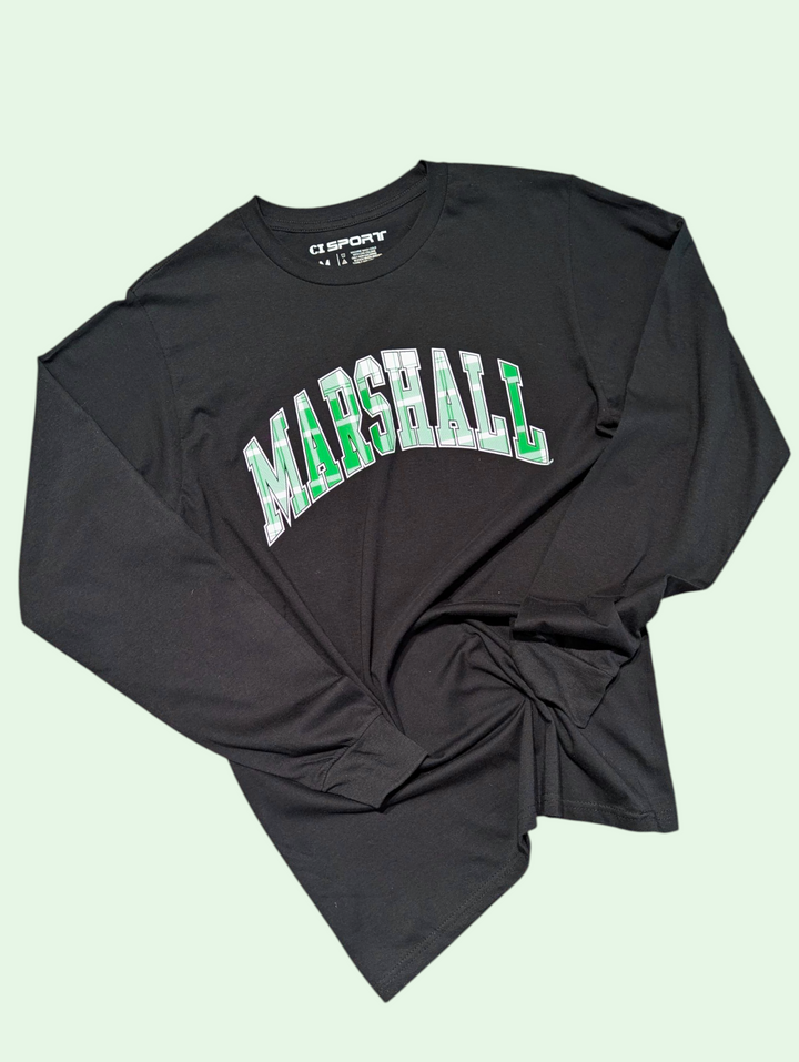 Black long-sleeve shirt with 'MARSHALL' printed in green and white on a light green background