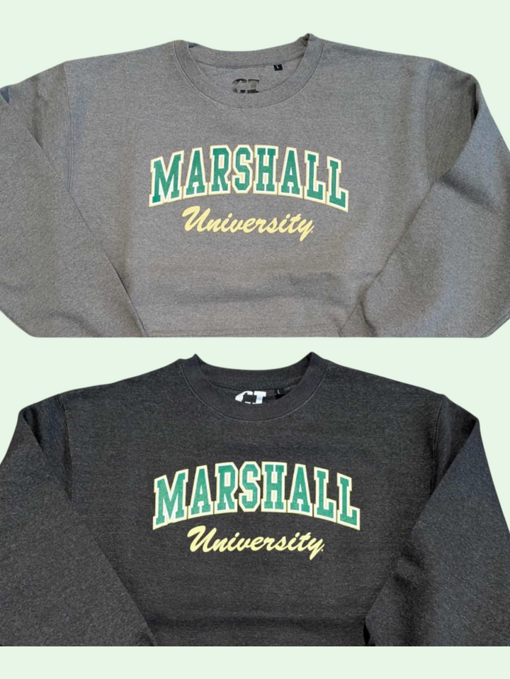 Gray sweatshirt with 'Marshall University' printed on it against a light green background