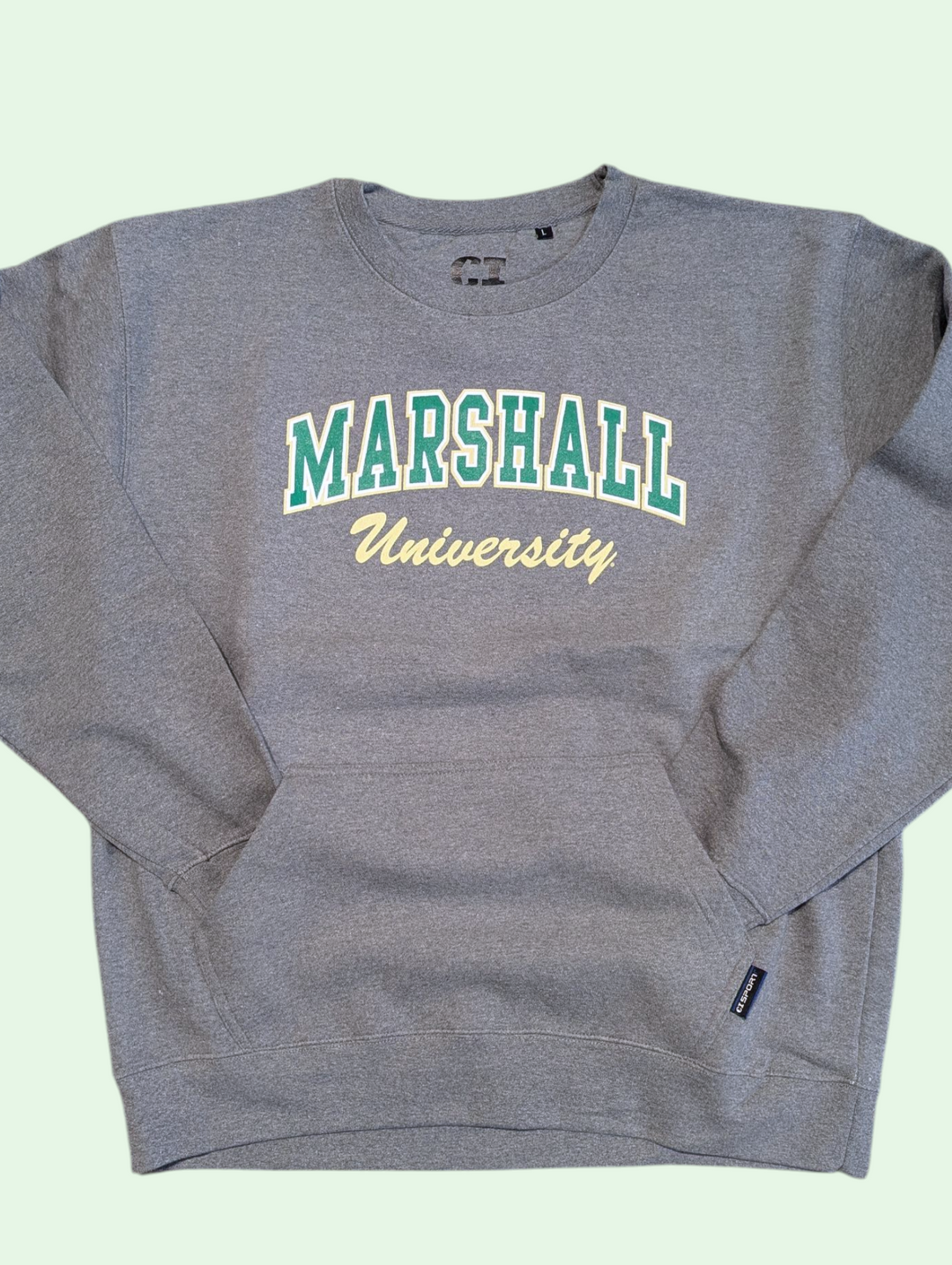 Gray sweatshirt with 'Marshall University' text on a light green background
