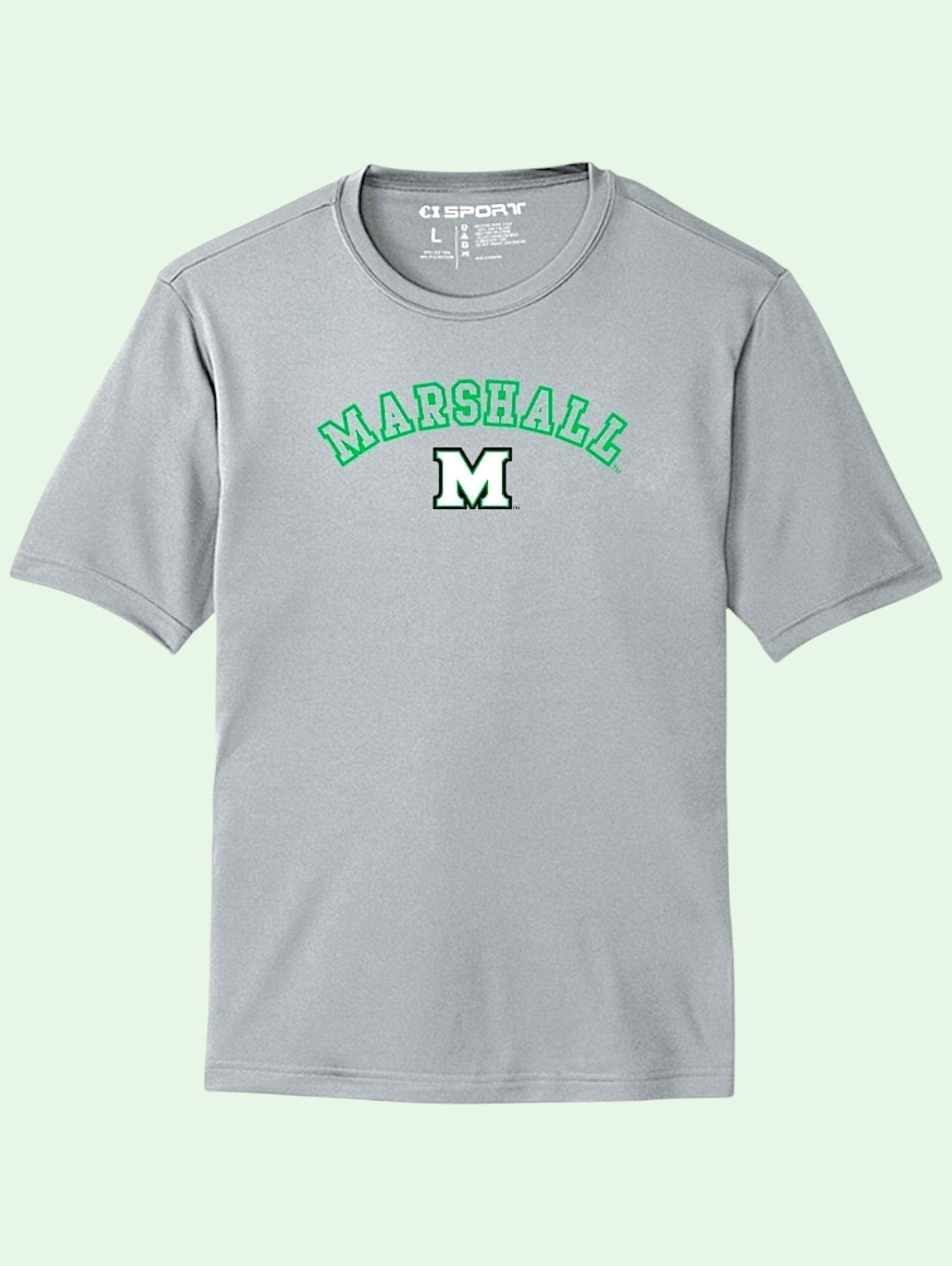A light gray short-sleeve t-shirt with 'MARSHALL' in green varsity-style lettering and a large white block 'M' with a green outline on the chest, displayed against a pale mint green background.
