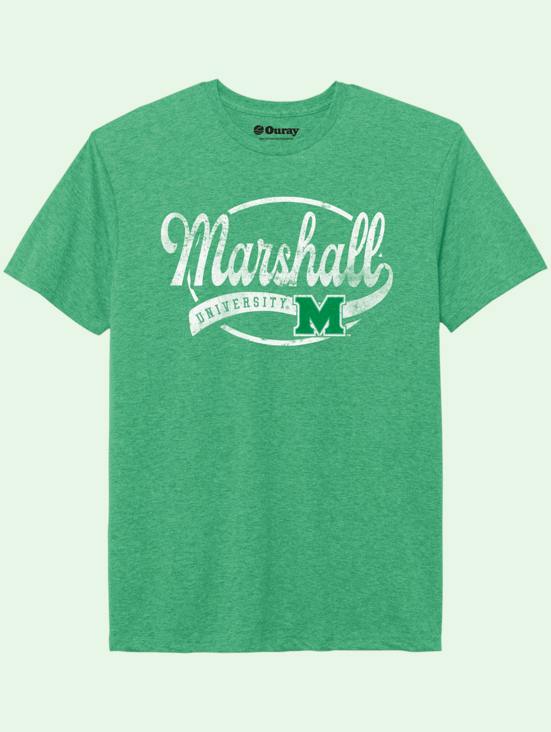 Green t-shirt with 'Marshall University' logo on a light green background
