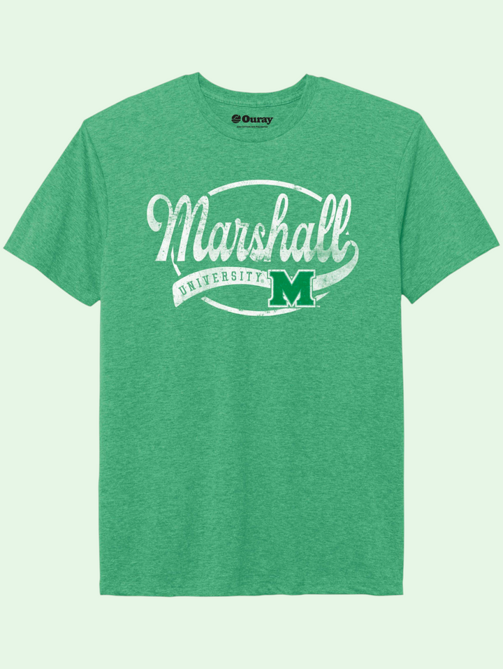 Green t-shirt with 'Marshall University' logo on a light green background