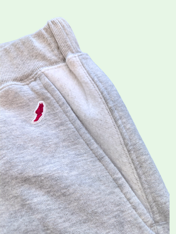 Close-up of a gray sweatpants showing the reverse detail on the pocket 