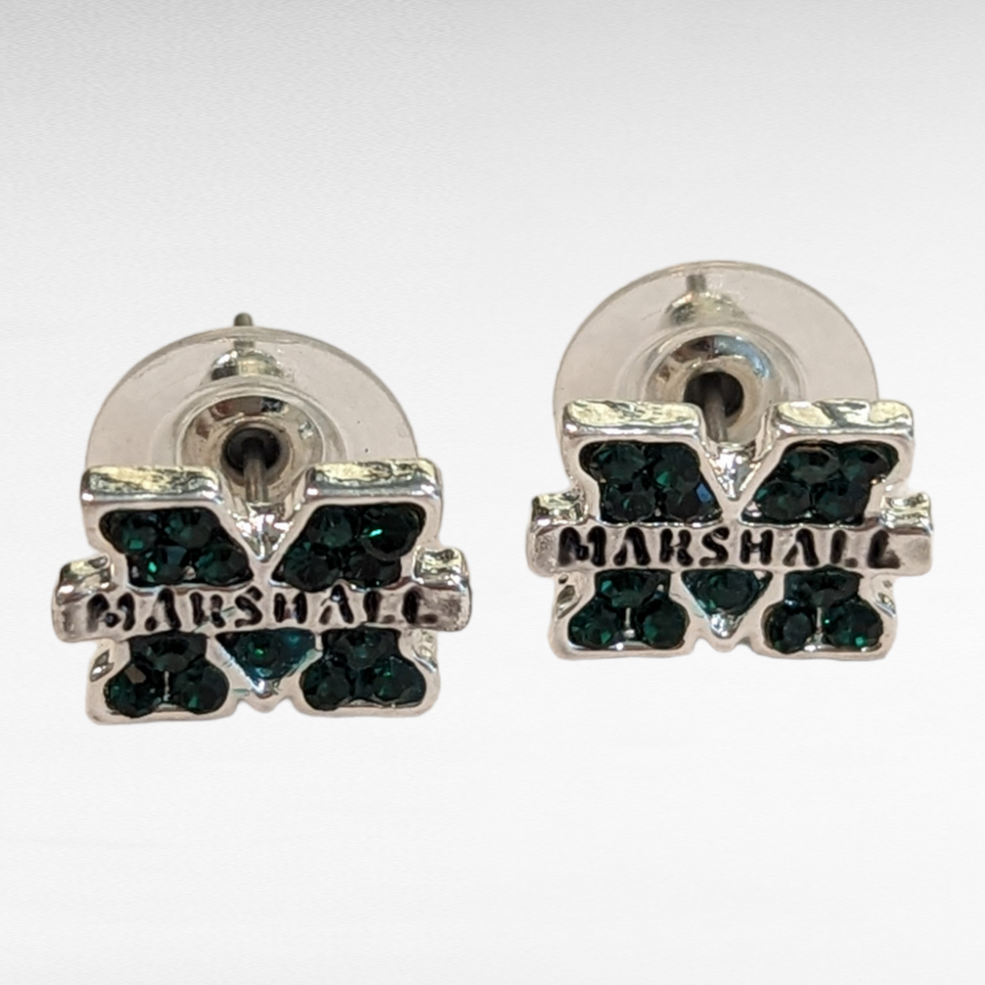 small silver stud earrings of the Marshall block "M" filled with green crystals
