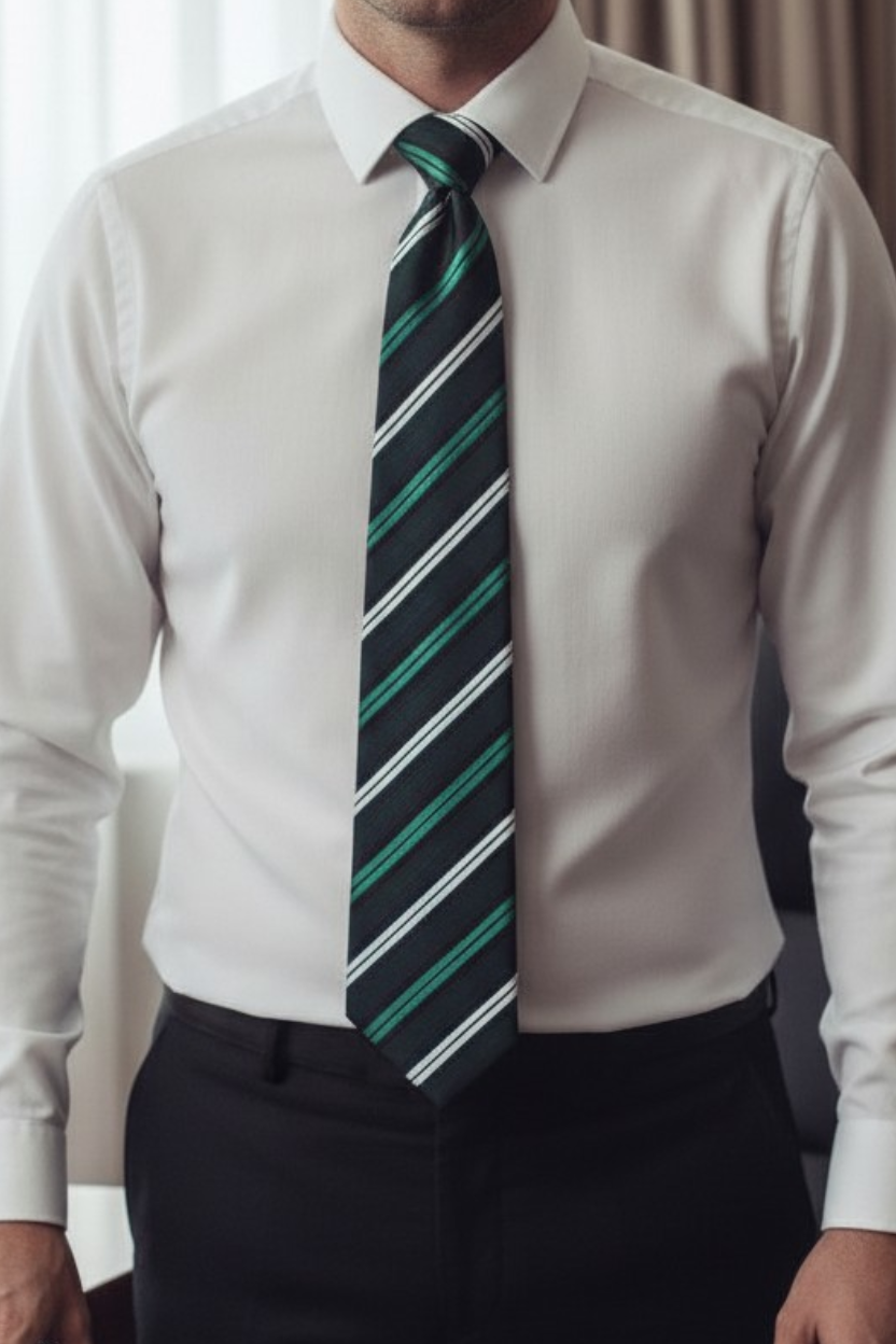 Person wearing a white shirt with a green striped tie and black pants.