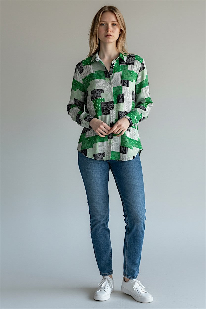 Woman wearing a green and white checkered shirt with blue jeans on a plain background