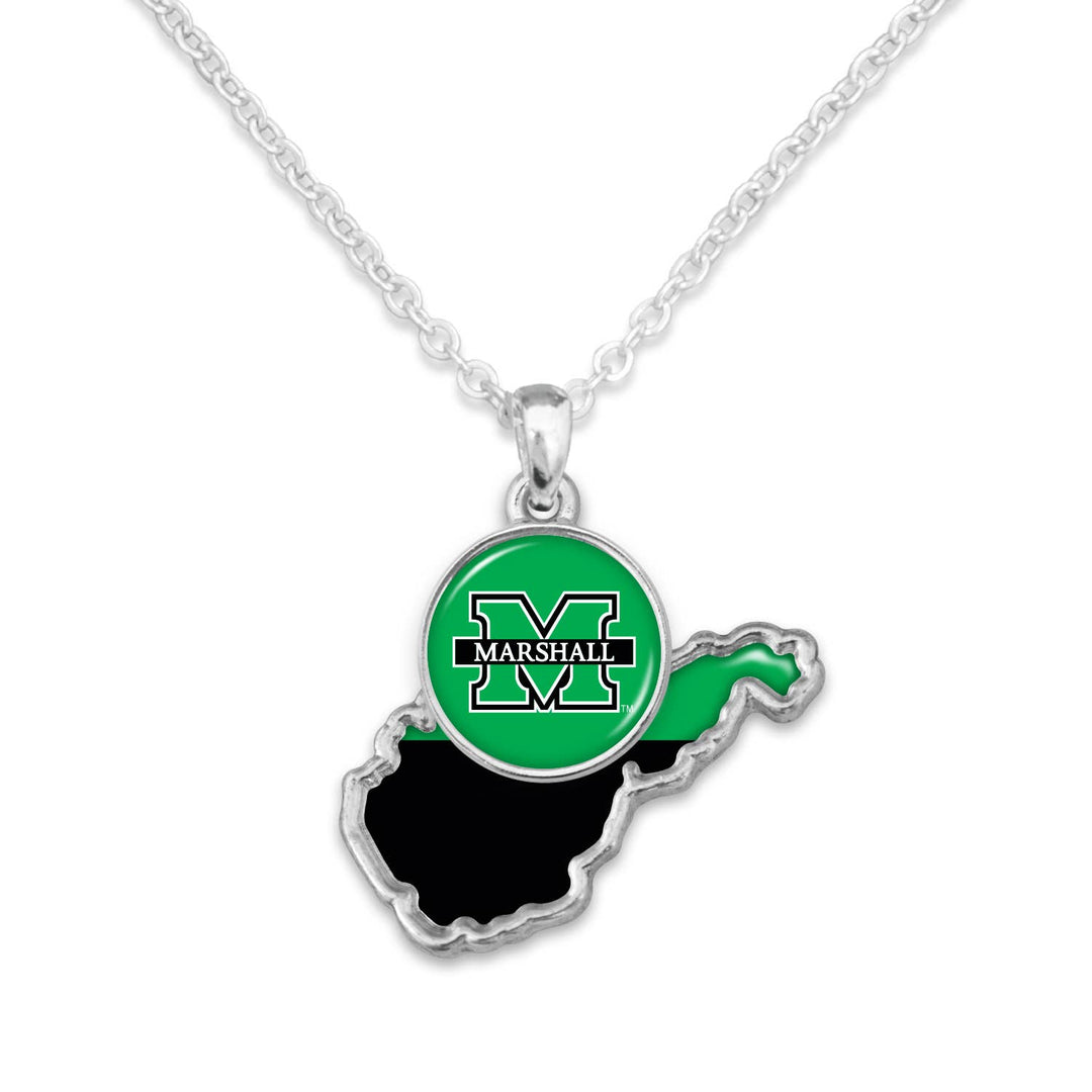 a circular marshall charm hangs over a two tone charm shaped  like the state of wv