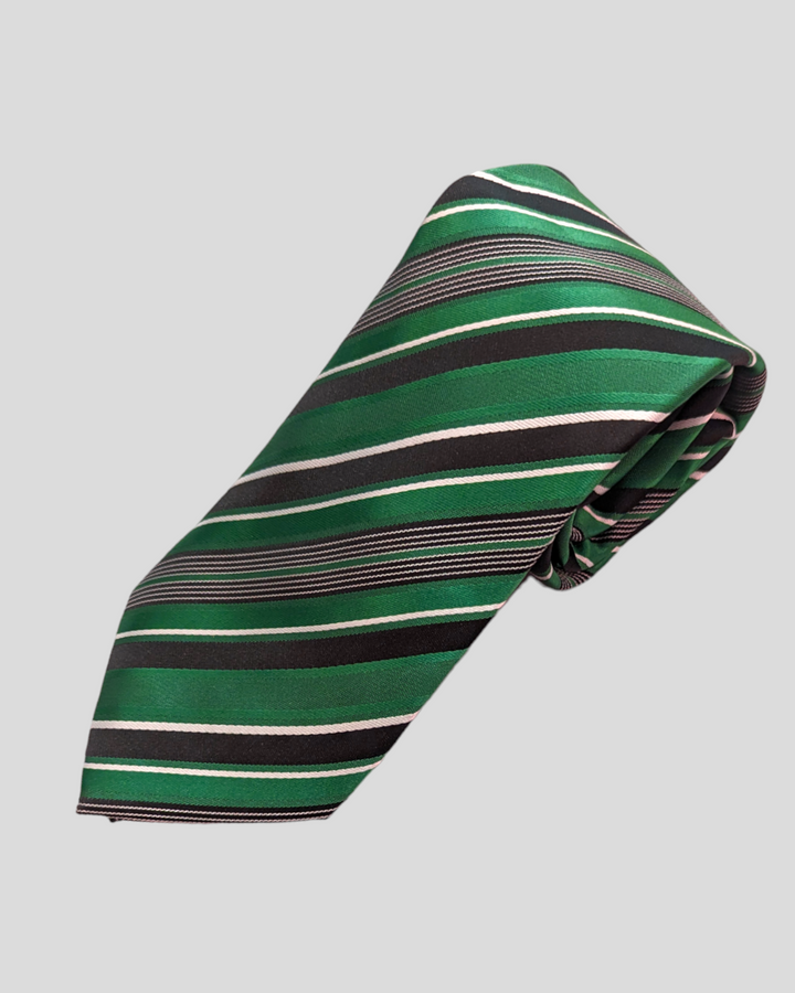 the multi-stripe tie is rolled to show the pattern