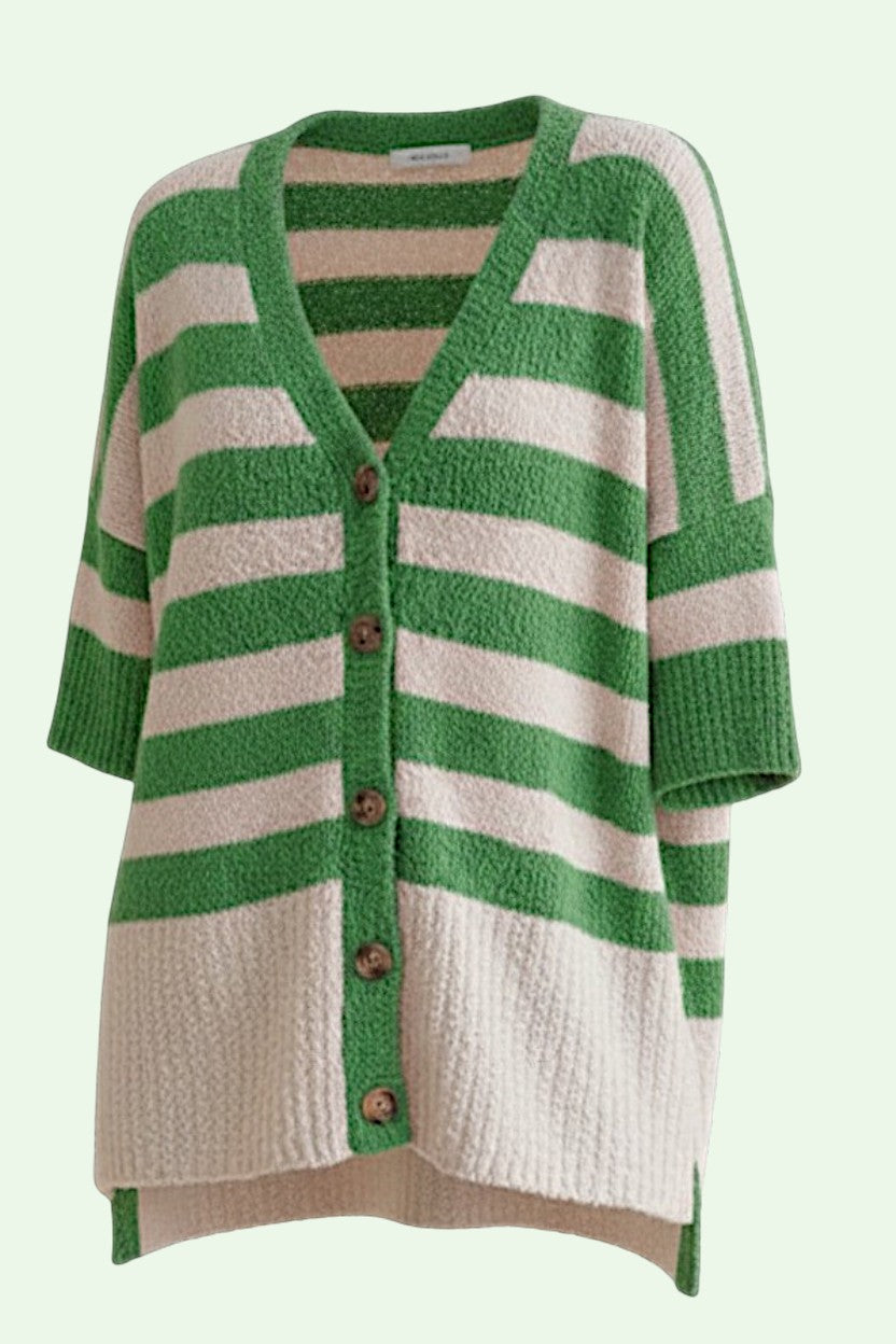 Green and cream striped cardigan with buttons on a light green background