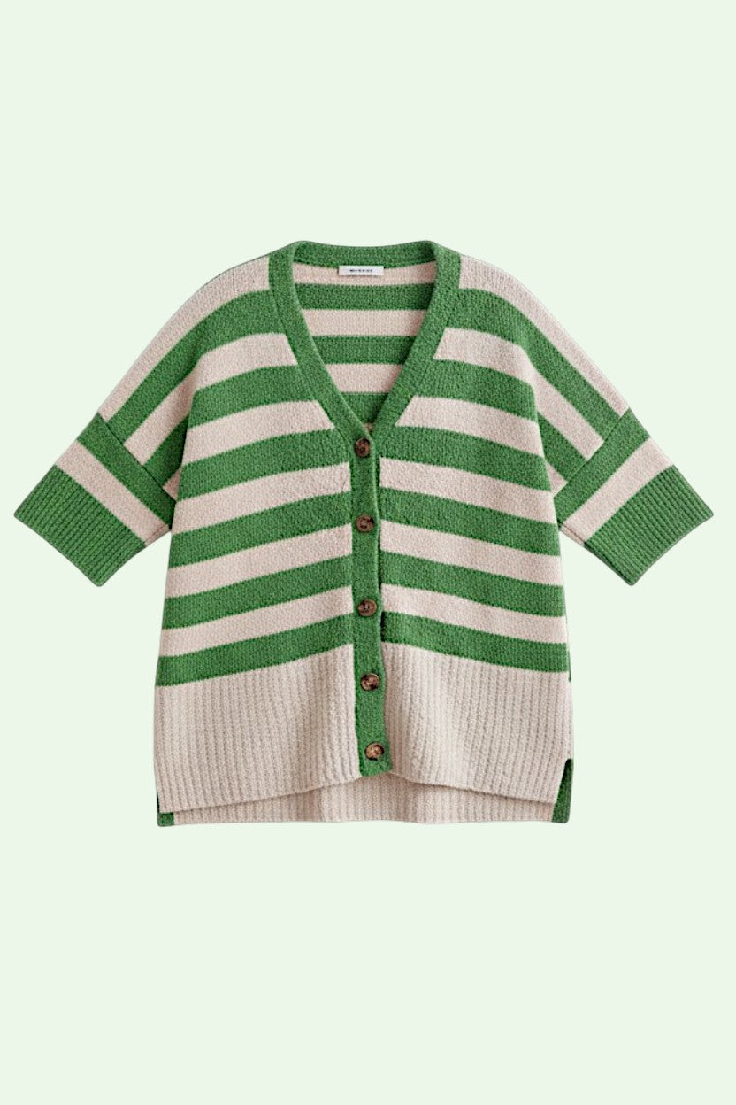 Green and beige striped cardigan on a light green background