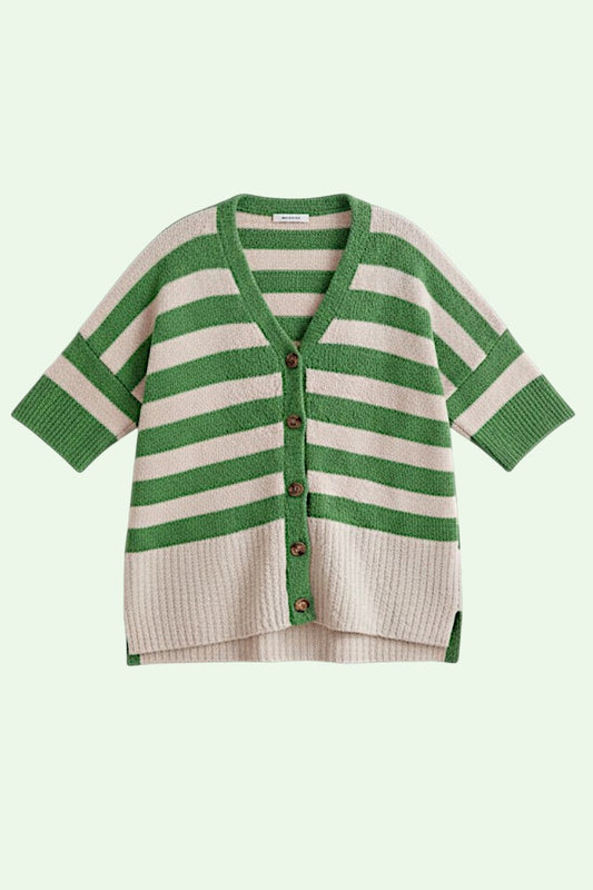 Green and beige striped cardigan on a light green background
