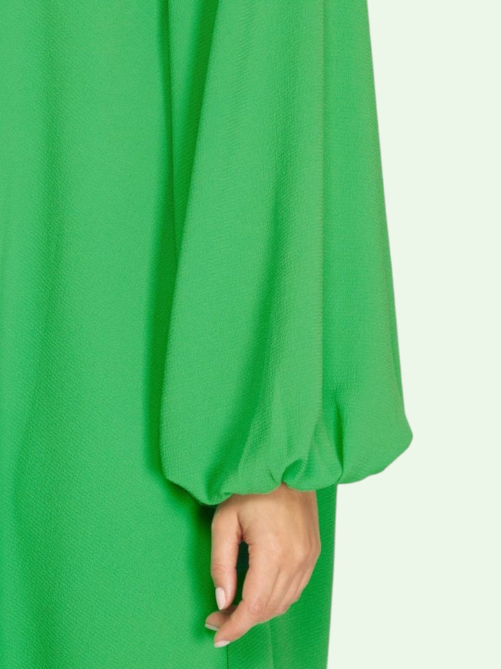 Green dress with long sleeves and a white background