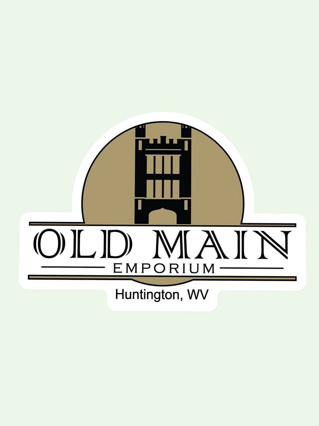 Logo of Old Main Emporium with a building silhouette on a light green background