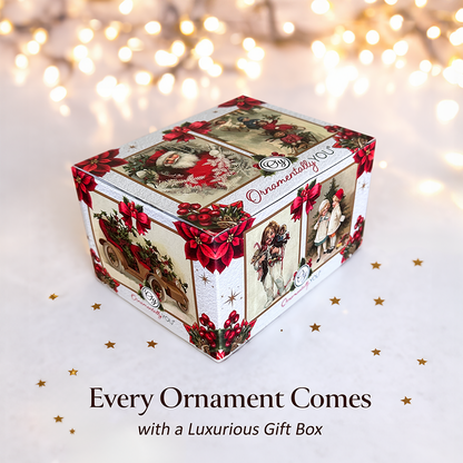 Decorative gift box with Christmas-themed illustrations on a soft focus background
