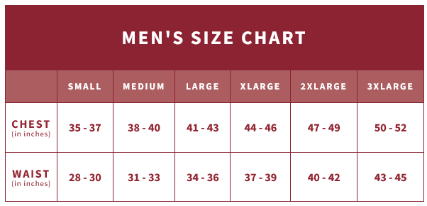 Men's size chart for clothing with chest and waist measurements on a red background