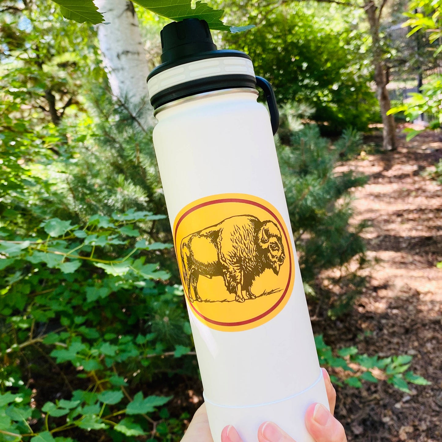 White water bottle with a yellow bison logo held in front of a forest background