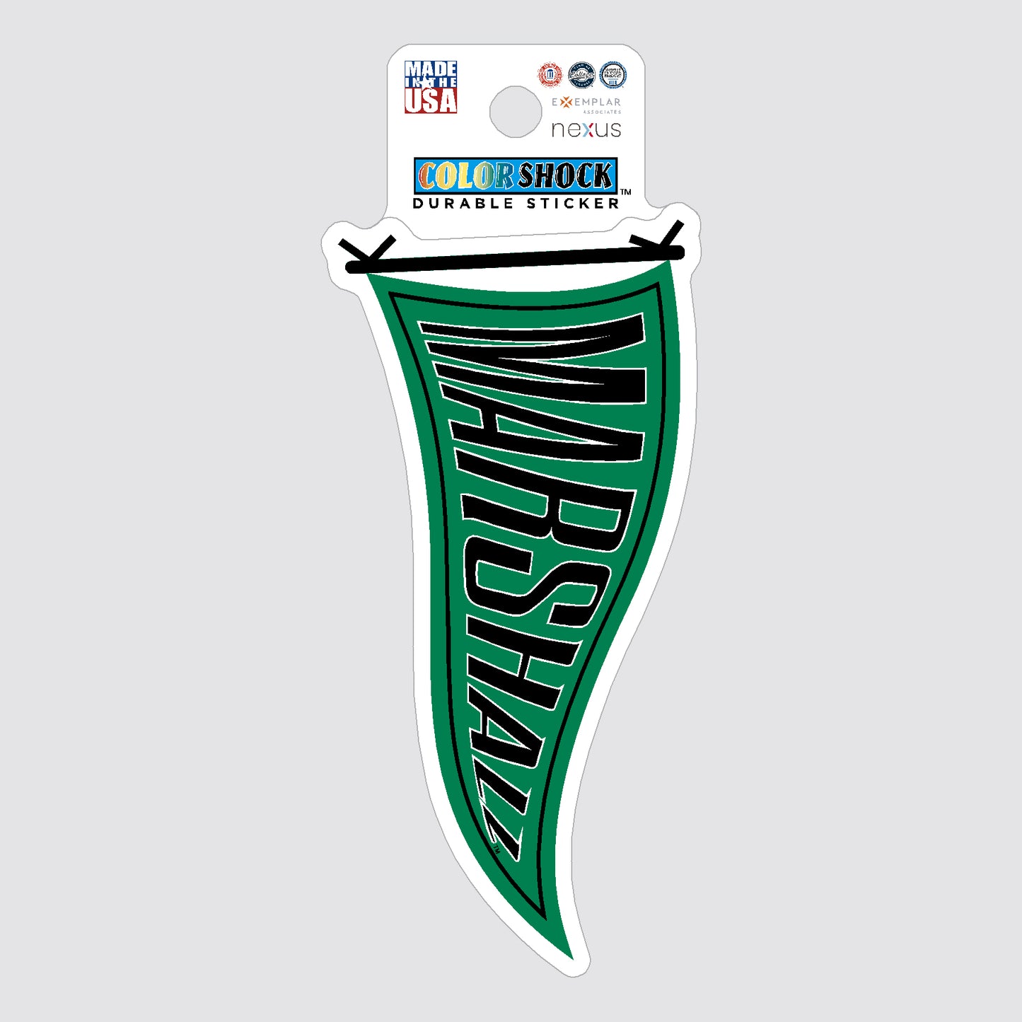 Green and black 'Marshall' sticker shaped like an old-school pennant on a gray background