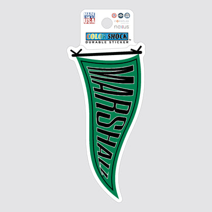 Green and black 'Marshall' sticker shaped like an old-school pennant on a gray background