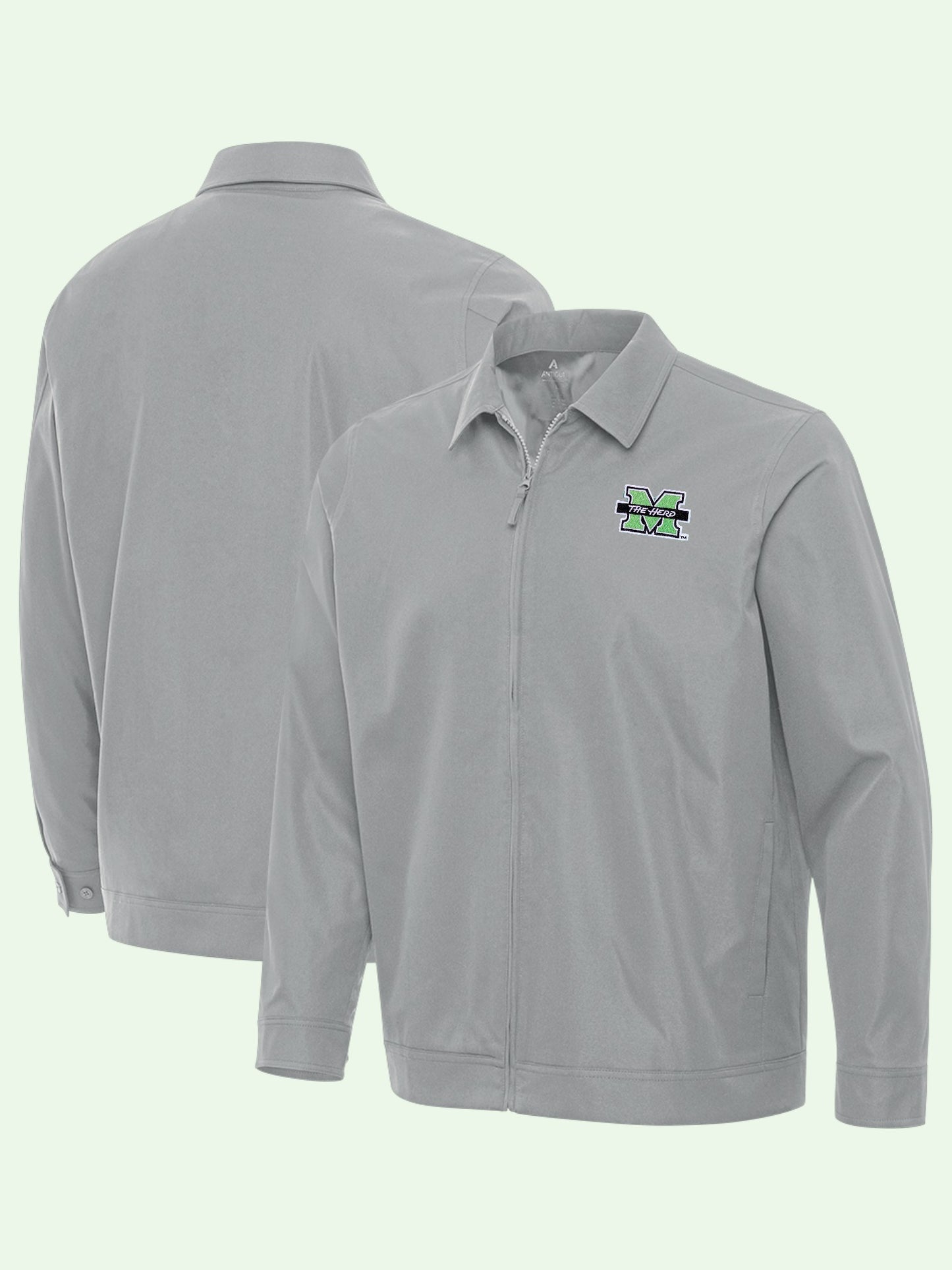 Gray long-sleeve jacket shown front and back with a logo on the chest against a white background