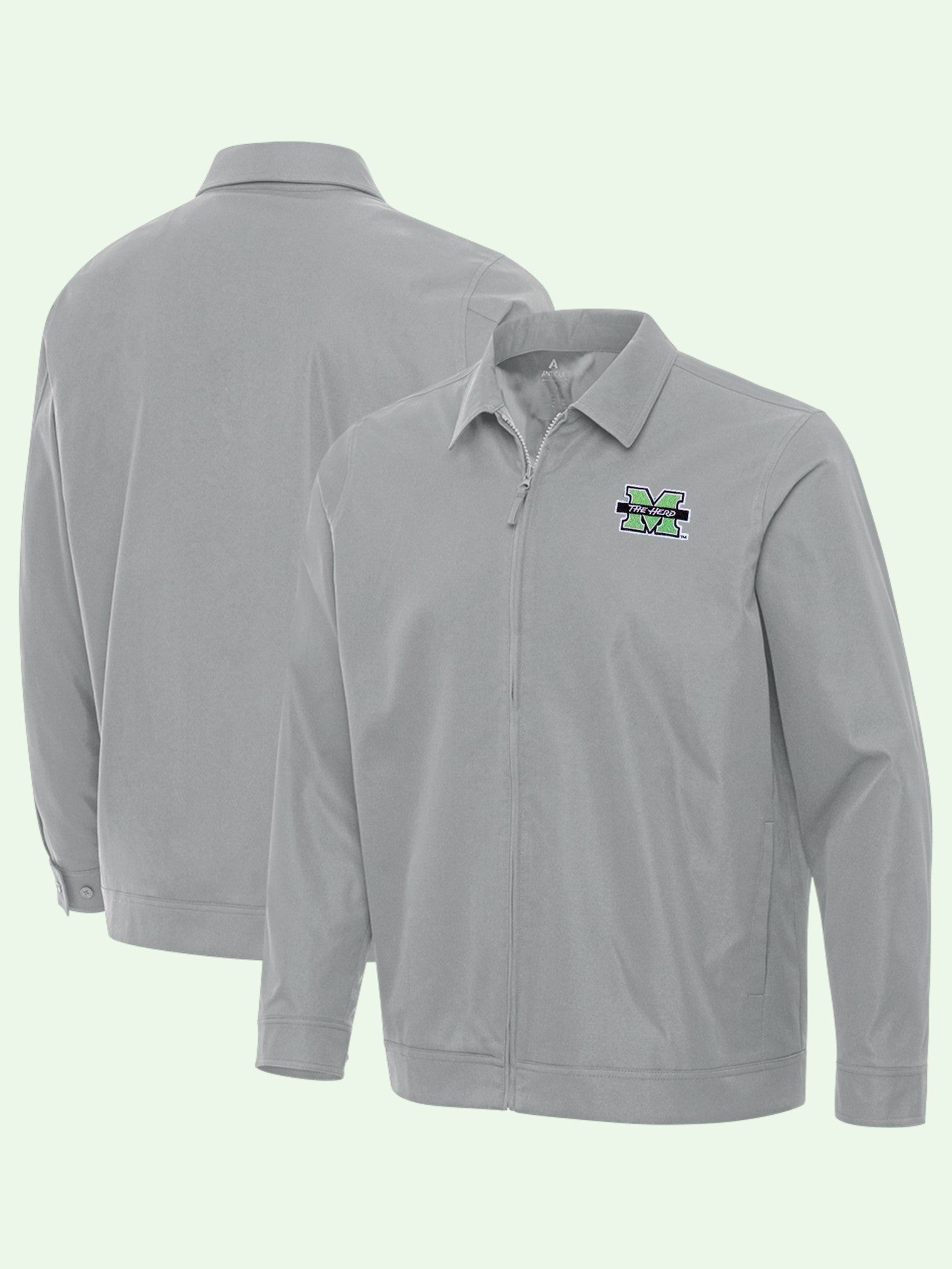 Gray long-sleeve jacket shown front and back with a logo on the chest against a white background
