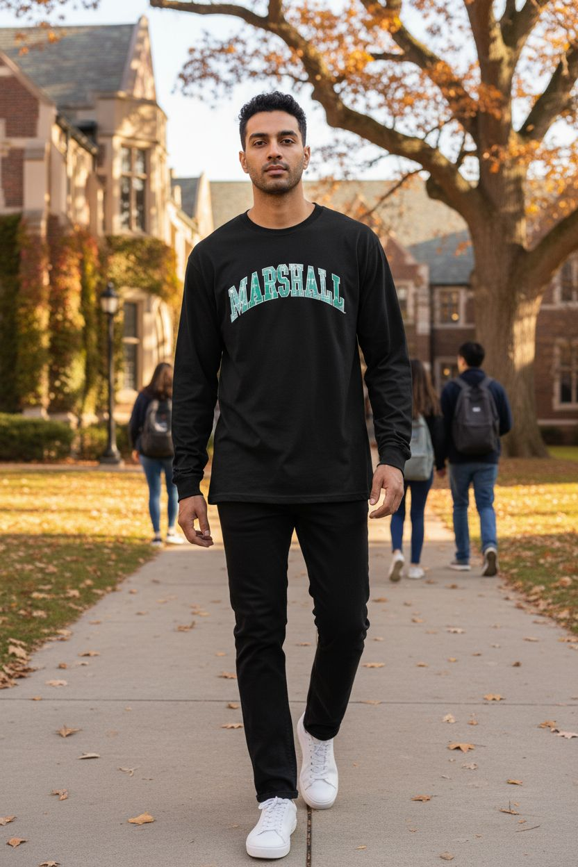 Man wearing a black 'Marshall' sweatshirt walking on a college campus path.