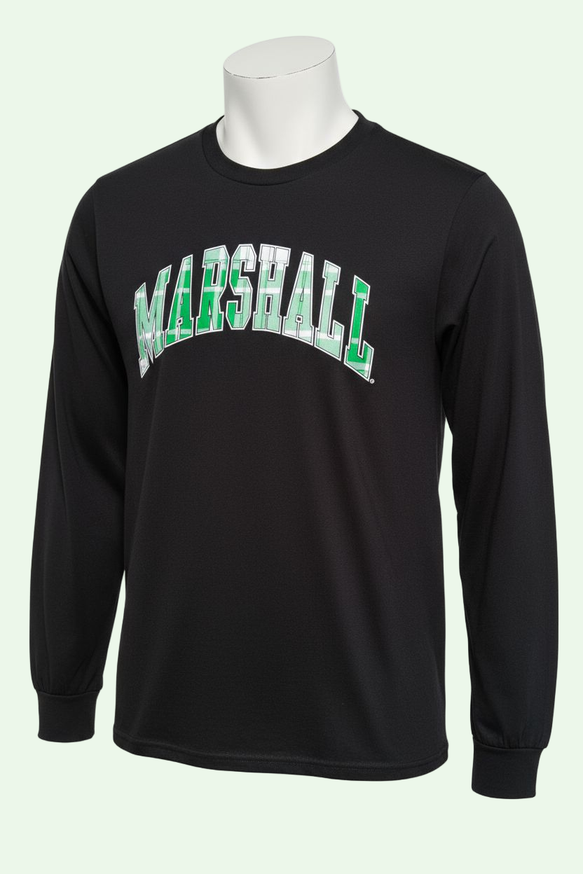 Black long-sleeve shirt with 'Marshall' text on a mannequin against a white background