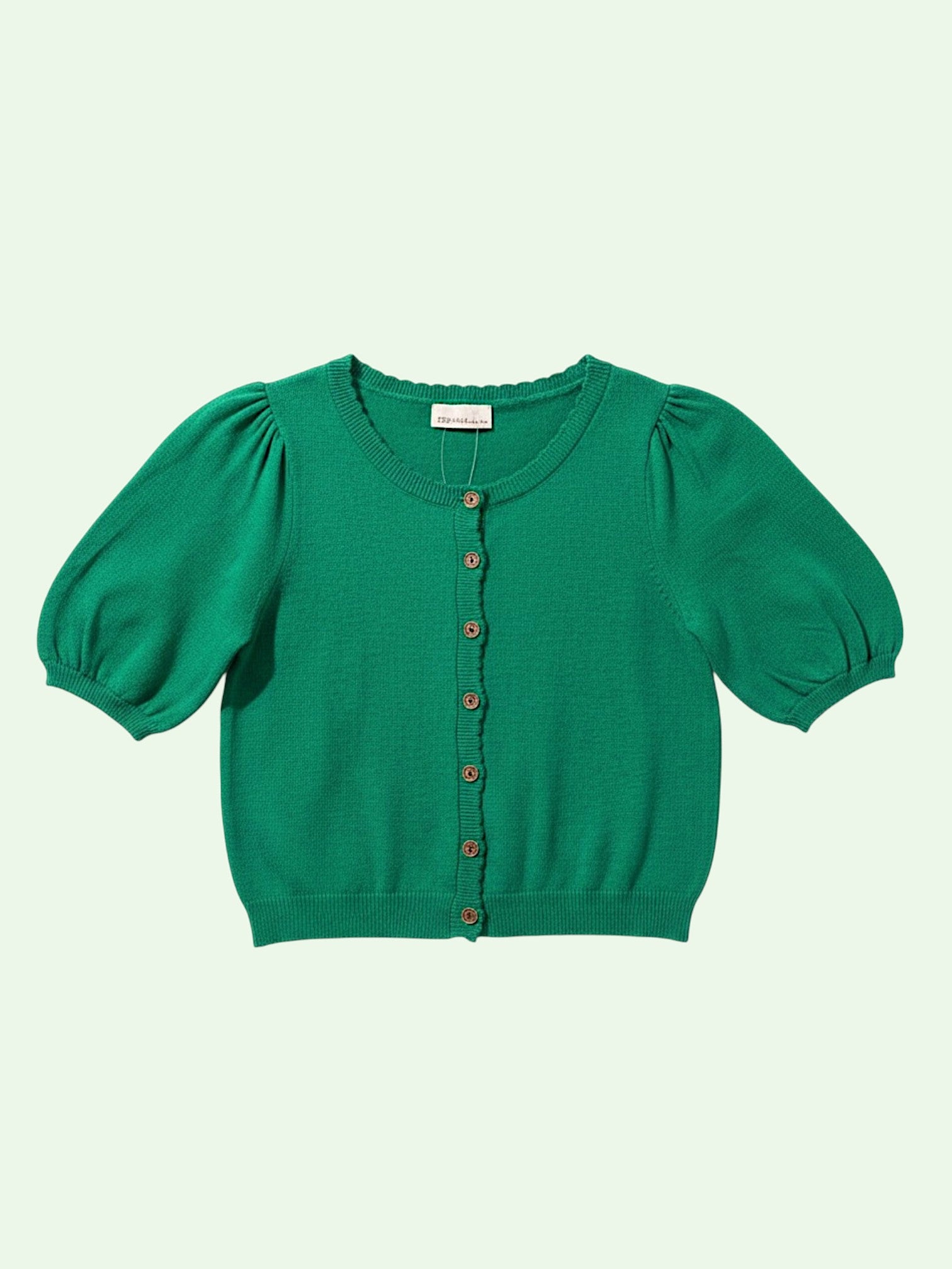 Green cardigan with puff sleeves on a light green background
