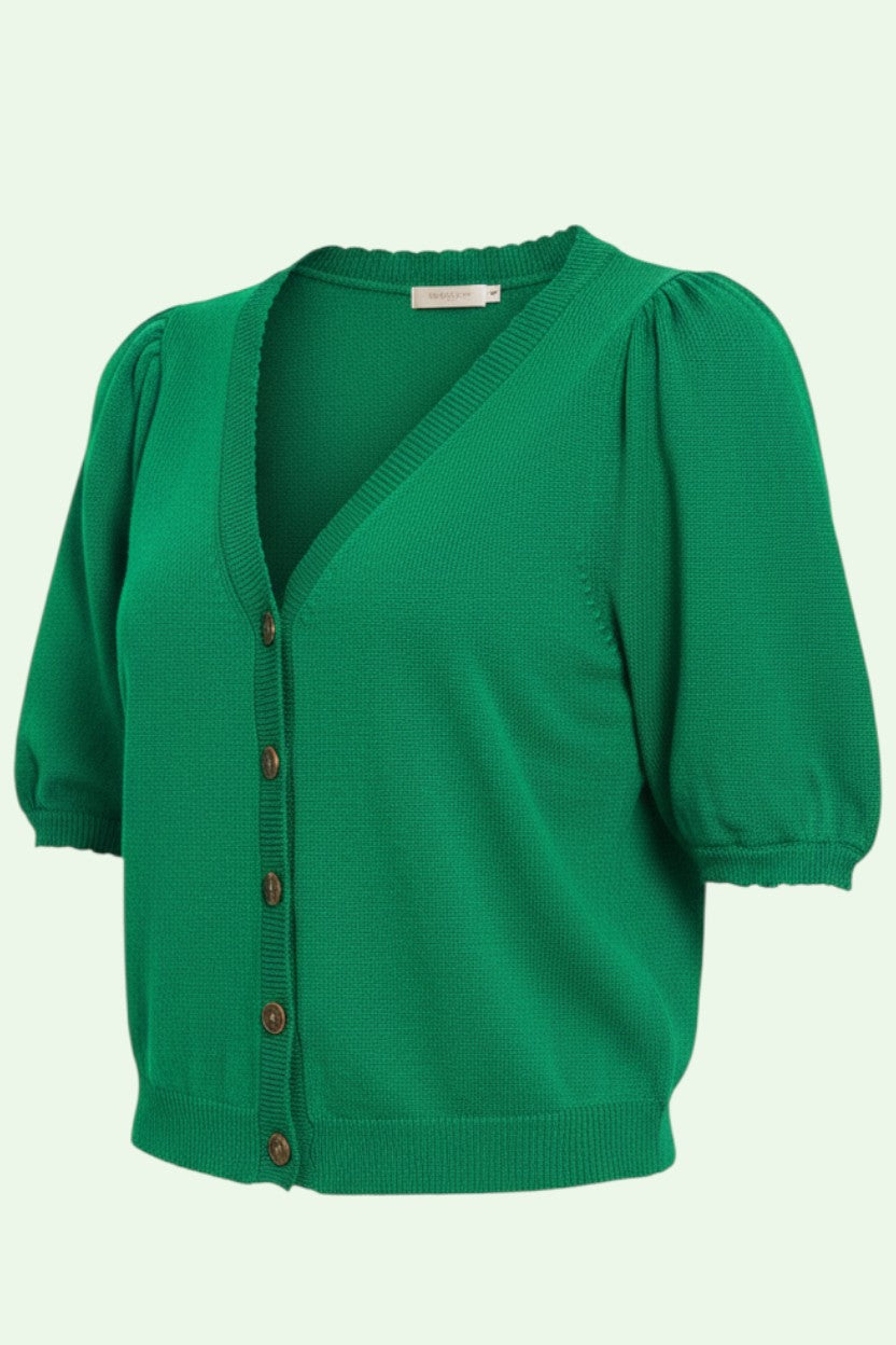 Green cardigan with puff sleeves on a white background