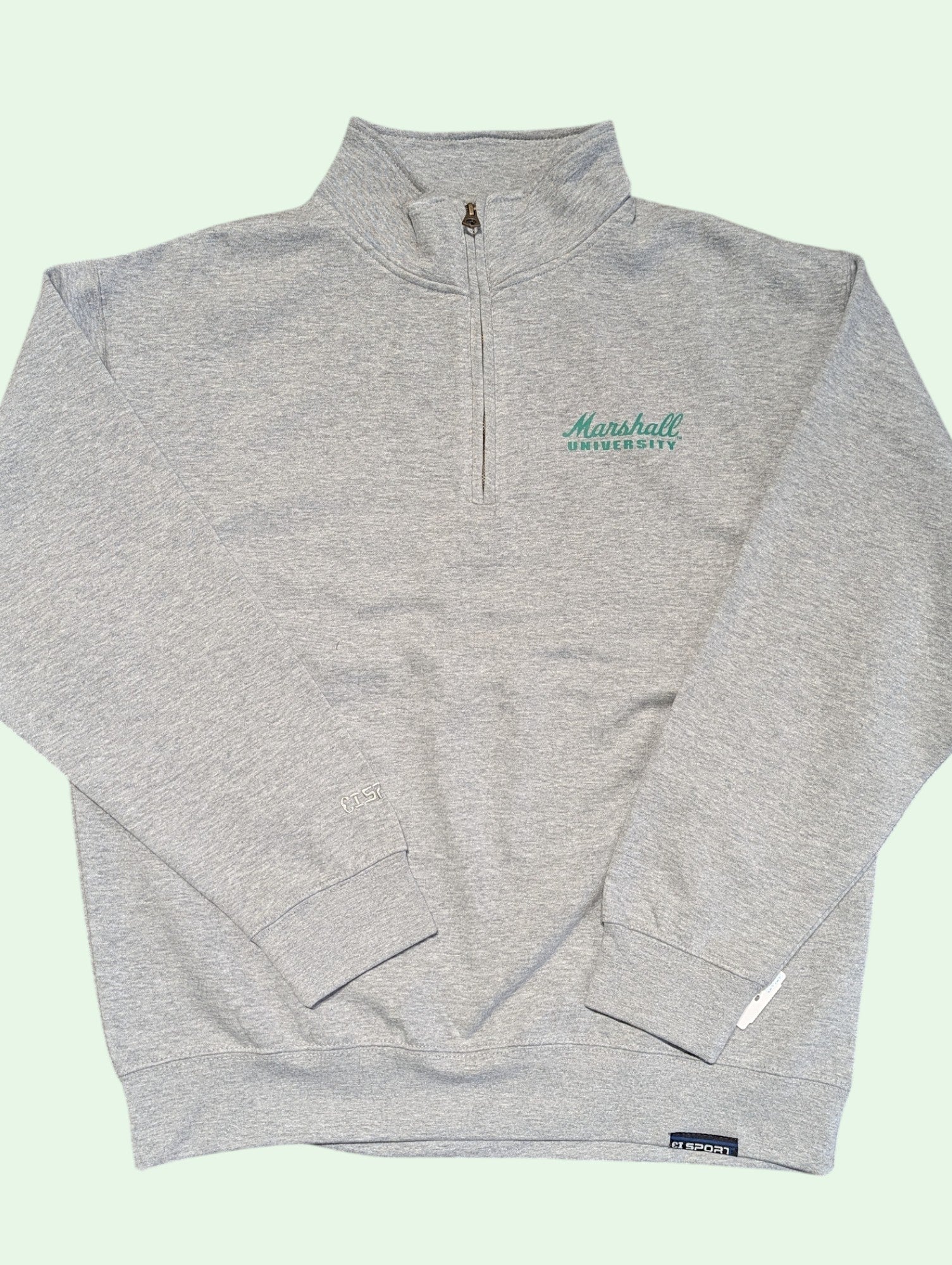 Gray pullover with Marshall University logo on a light green background