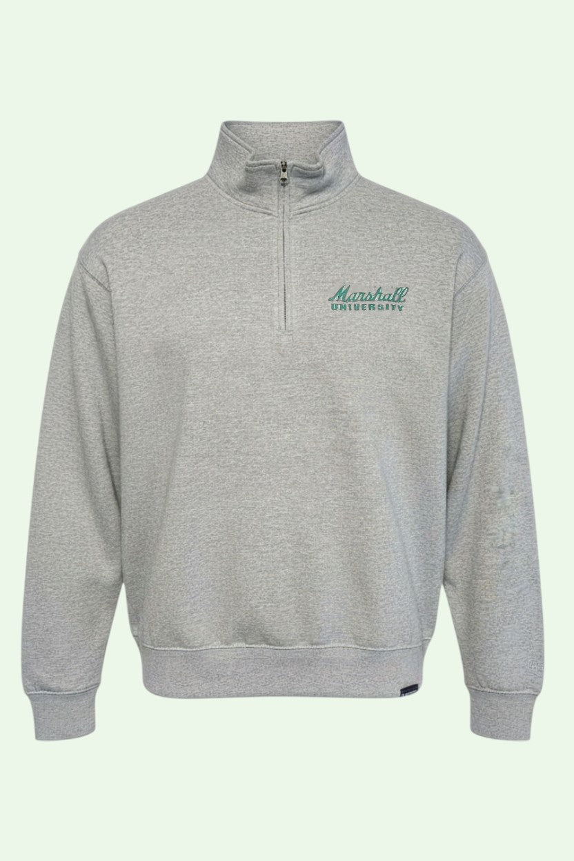 Gray sweatshirt with a logo on the chest against a light green background