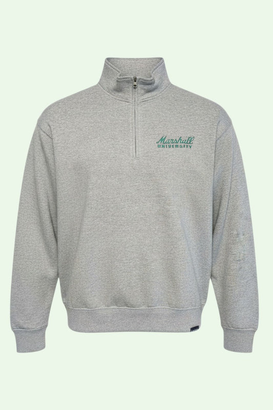 Gray sweatshirt with a logo on the chest against a light green background
