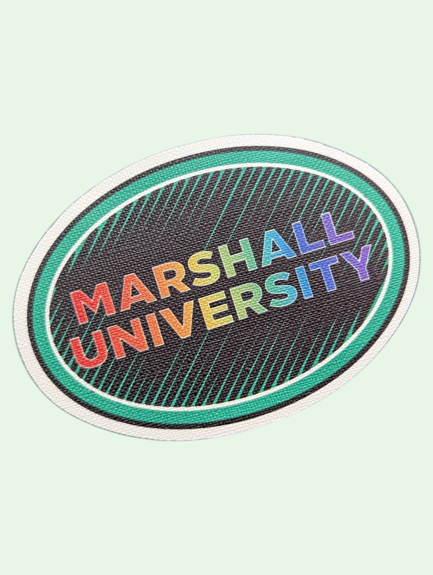 Marshall University logo with rainbow text on a light green background