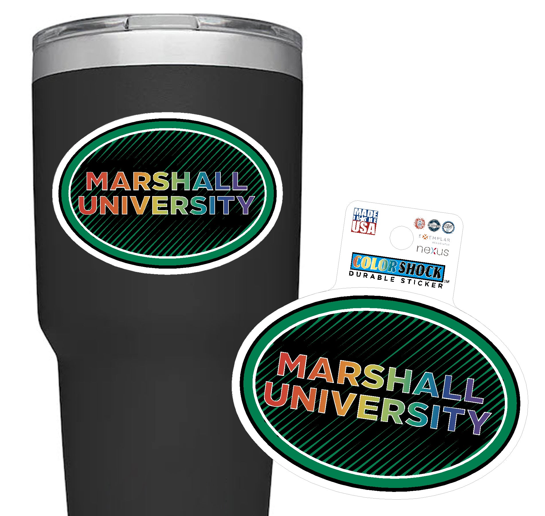 Black tumbler with Marshall University logo and Color Shock sticker