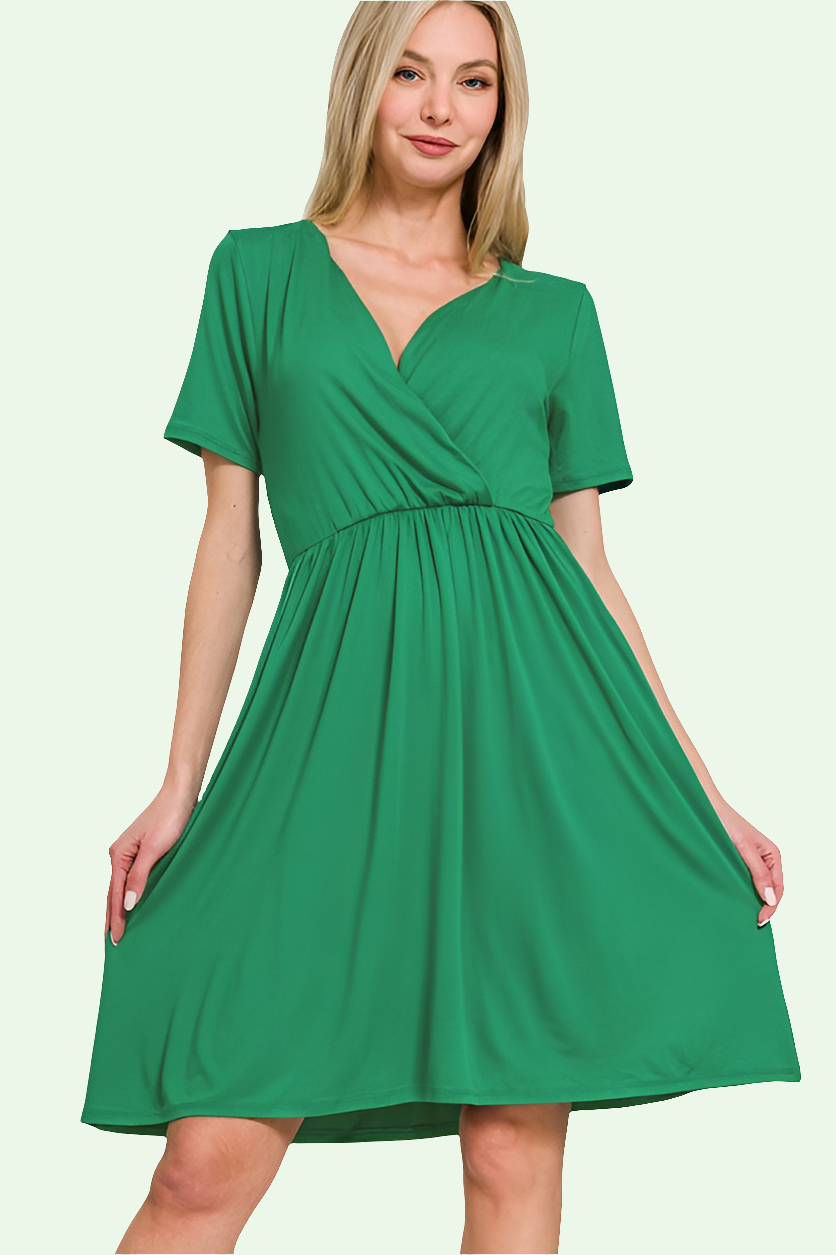 a blonde model stands with the skirt pulled out on the dress, showing us how it looks 