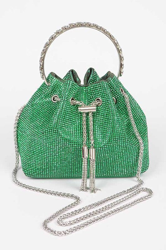 full shot of the rhinestone gathered bag showing the top handle, pinch closure and tassels.