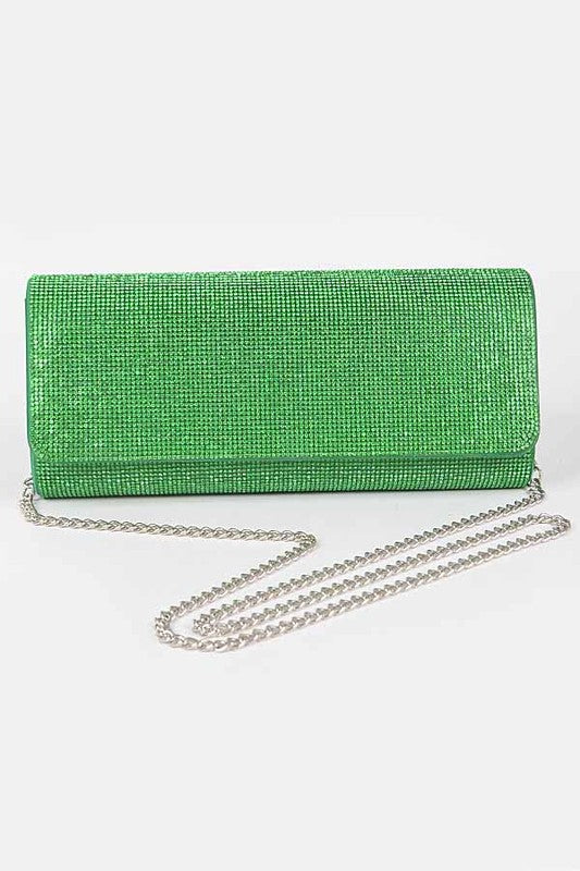 rhinestone clutch is shown from the front with its shoulder chain