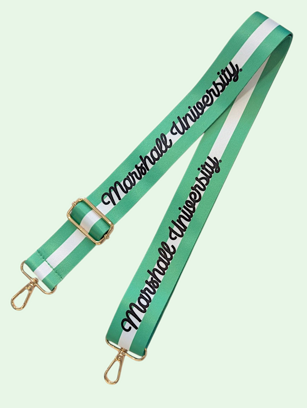 Green and white strap with 'Marshall University' text on a light green background