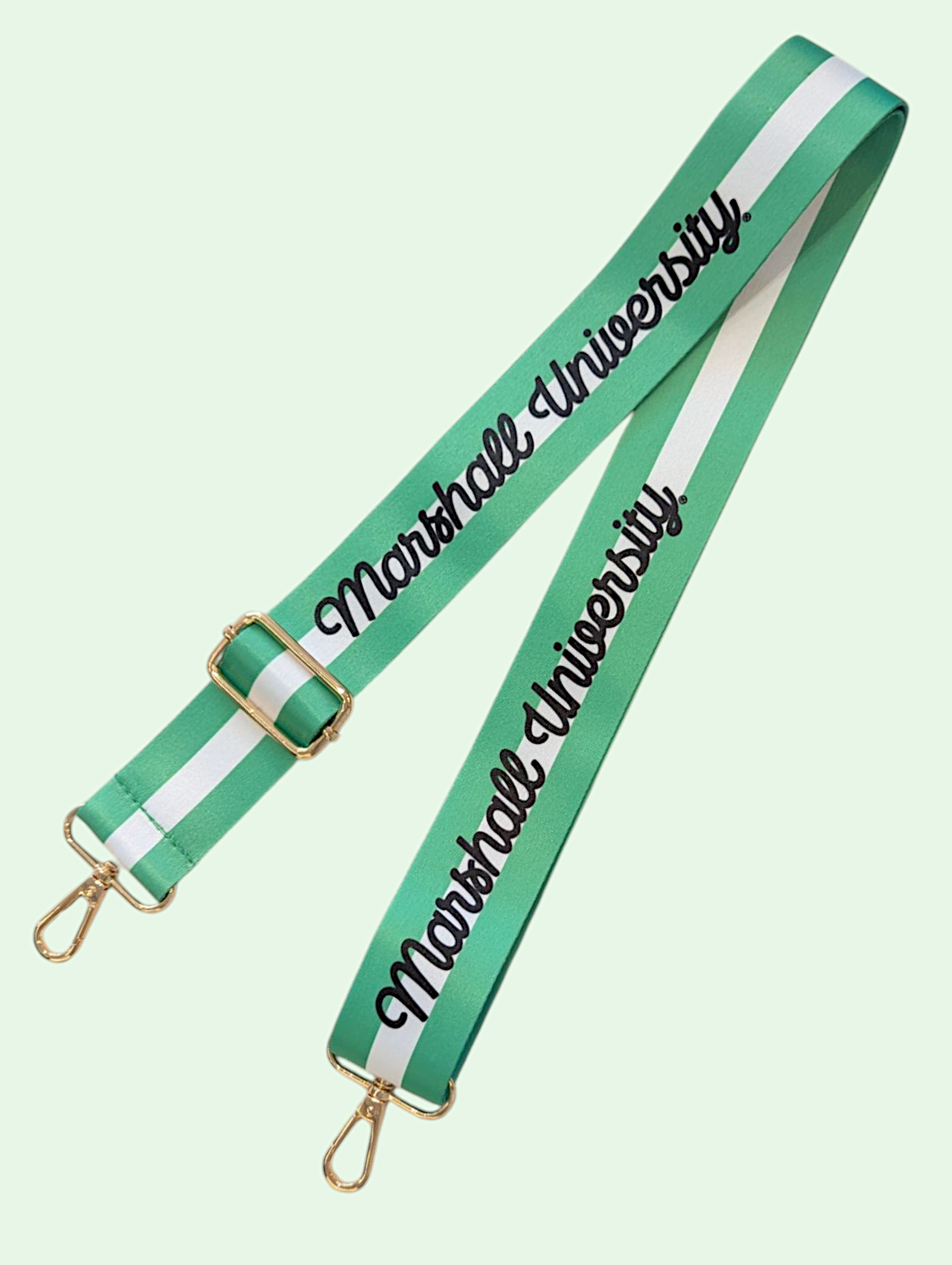 Green and white strap with 'Marshall University' text on a light green background