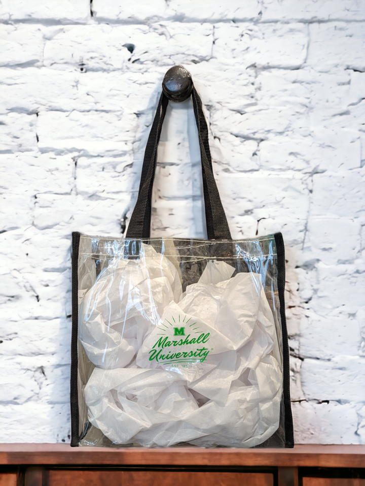 a clear tote bag with marshall University surrounded by a starburst design