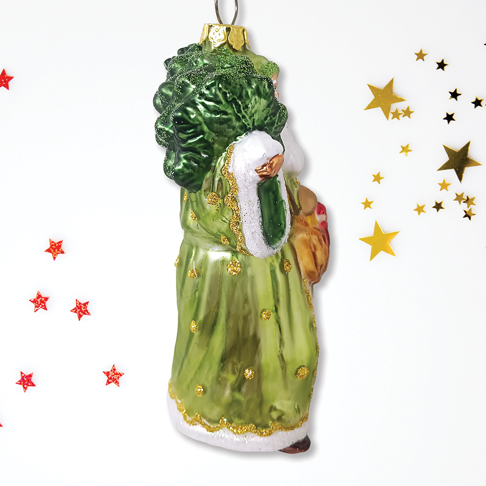 Decorative santa Christmas ornament on a white background with decorative stars.