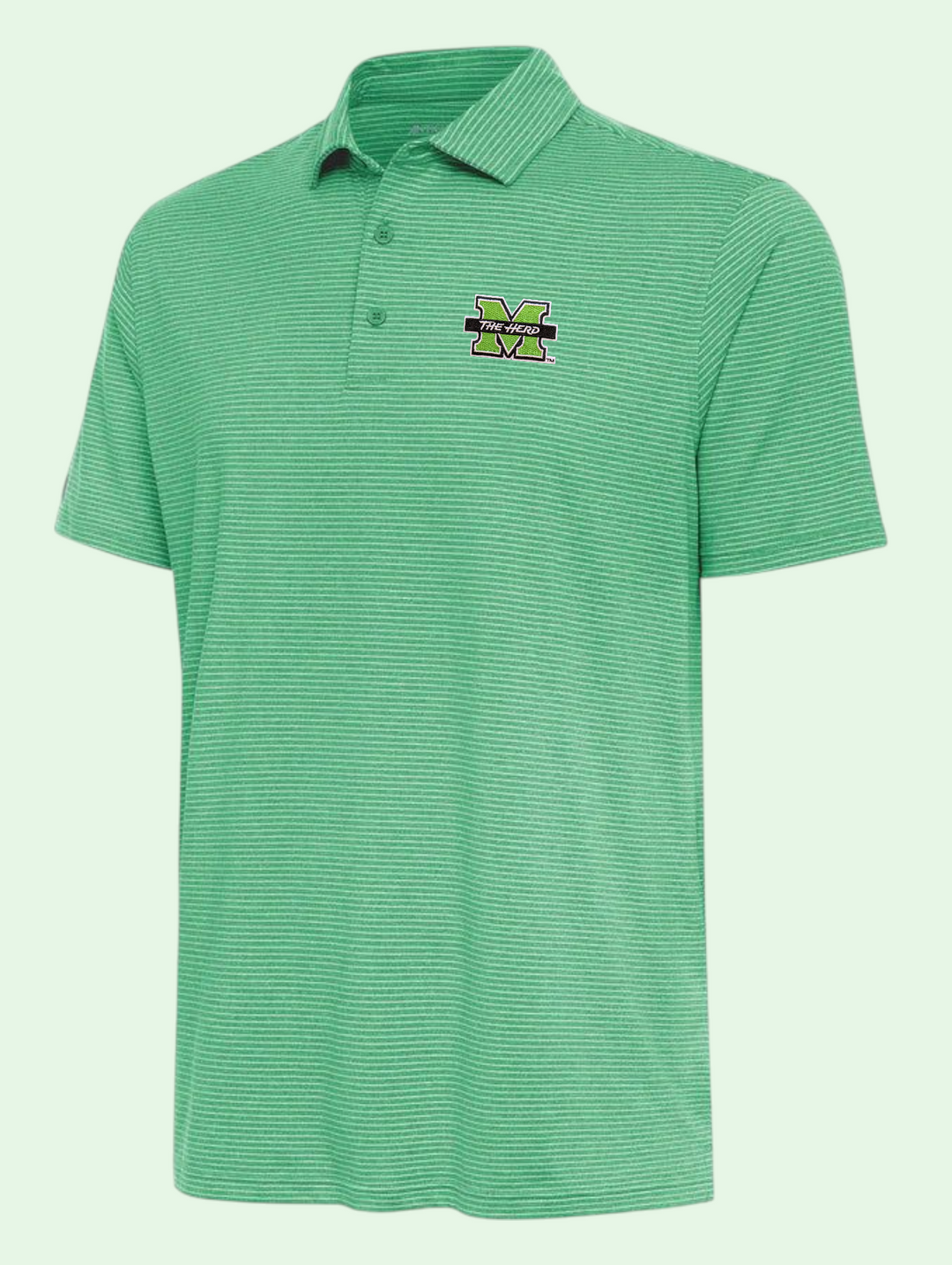 Green striped polo shirt with a logo on a light green background