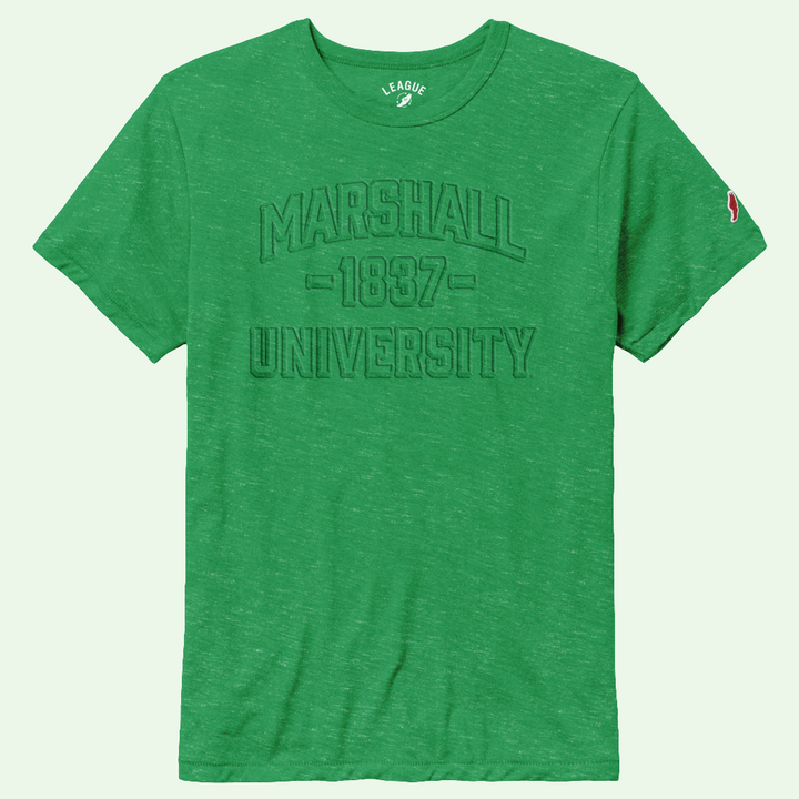 Green t-shirt with 'Marshall University' text on a light green background